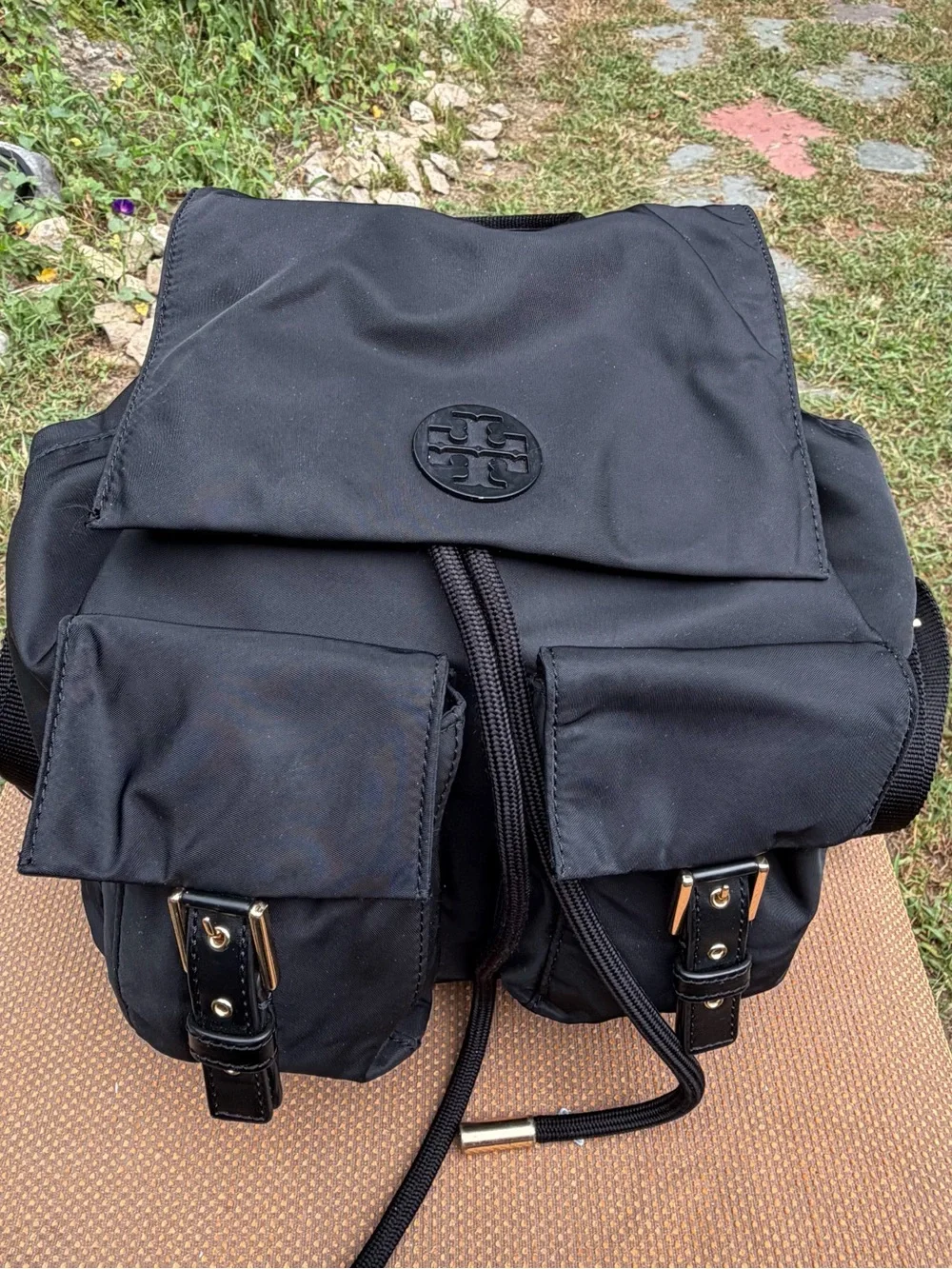 Tory Burch Black Nylon Backpack with Front Pockets Gold hardware Front logo
